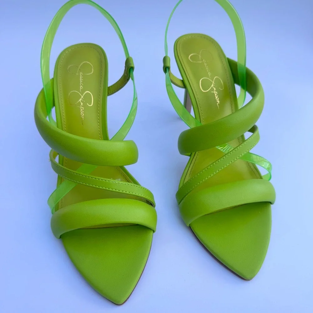 Jessica Simpson Krissta Green Transparent Asymmetrical Stiletto Slip On Size 8.5